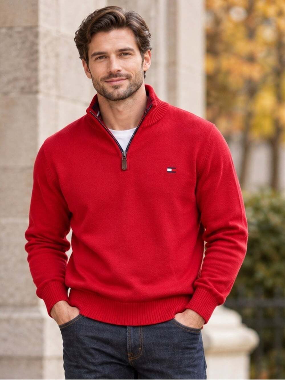 Tommy Hilfiger Quarter Zip Sweater L Red Cotton Knit Mock Neck Preppy Mens